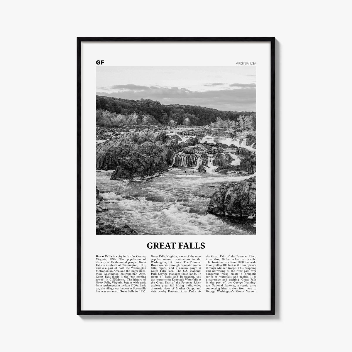 Great Falls, Virginia black & white newspaper poster of Virginia, USA – vertical wall art, unframed print shown in interior m