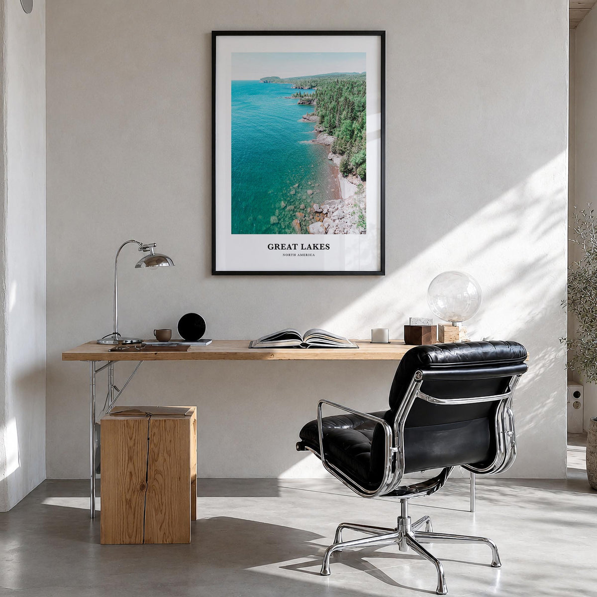 Great Lakes colorful classic poster of North America – vertical wall art in black wood frame, hanging on wall