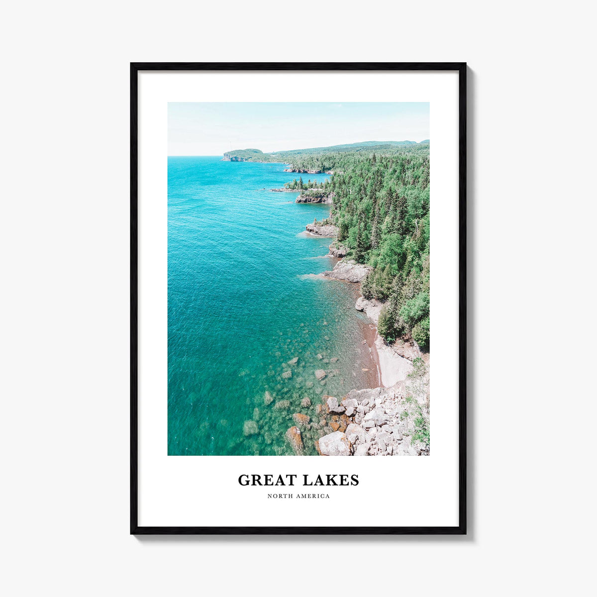 Great Lakes colorful classic poster of North America – vertical wall art, unframed print shown in interior mockup
