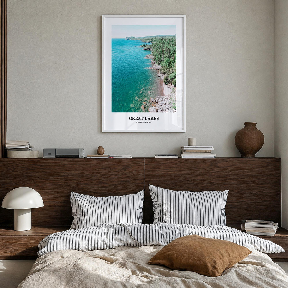 Great Lakes colorful classic poster of North America – vertical wall art in white wood frame, hanging on wall