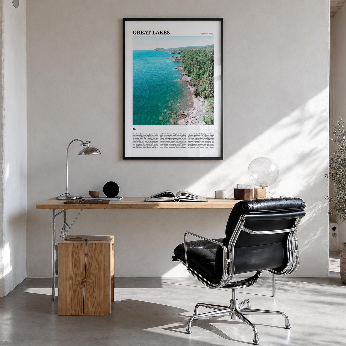 Great Lakes colorful travel poster of North America – vertical wall art in black wood frame, hanging on wall
