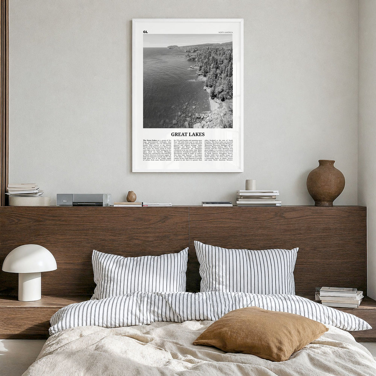 Great Lakes Newspaper Poster in a white wood frame, hanging in a bedroom