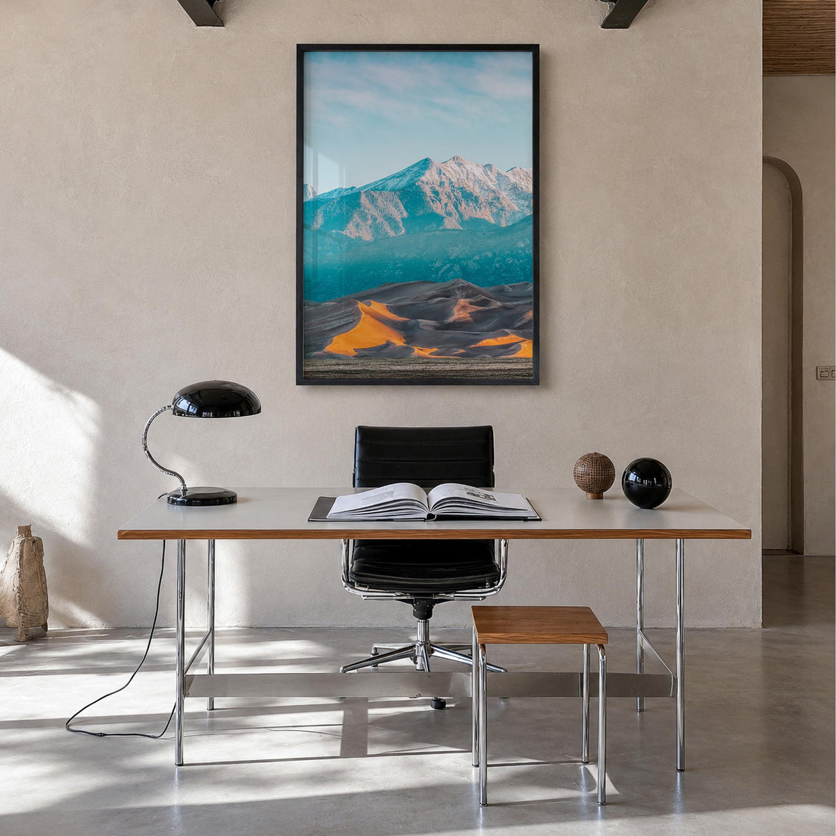 Great Sand Dunes National Park colorful photo poster of Colorado, USA – vertical wall art in black wood frame, hanging on wal