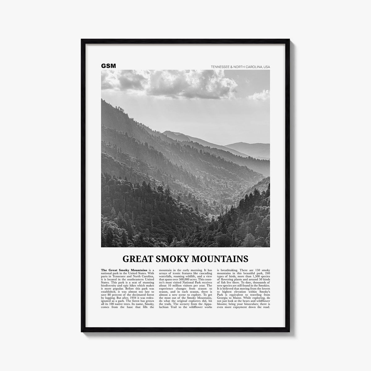 Great Smoky Mountains National Park black & white newspaper poster of Tennessee & North Carolina, USA – vertical wall art, un