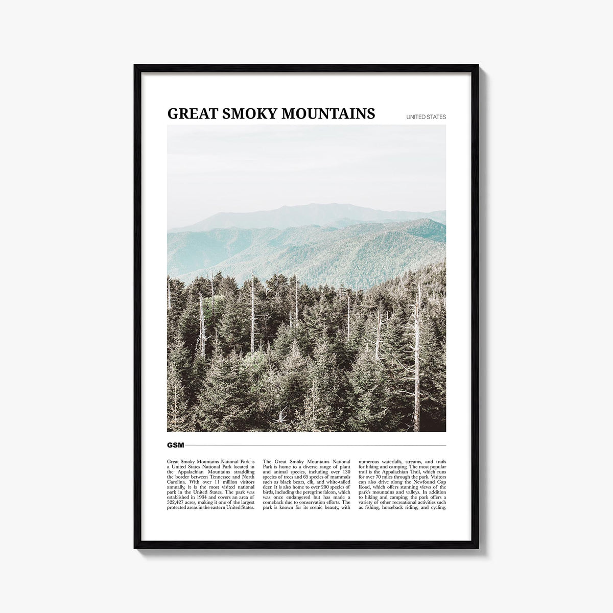 Great Smoky Mountains National Park colorful travel poster of Tennessee & North Carolina, USA – vertical wall art, unframed p