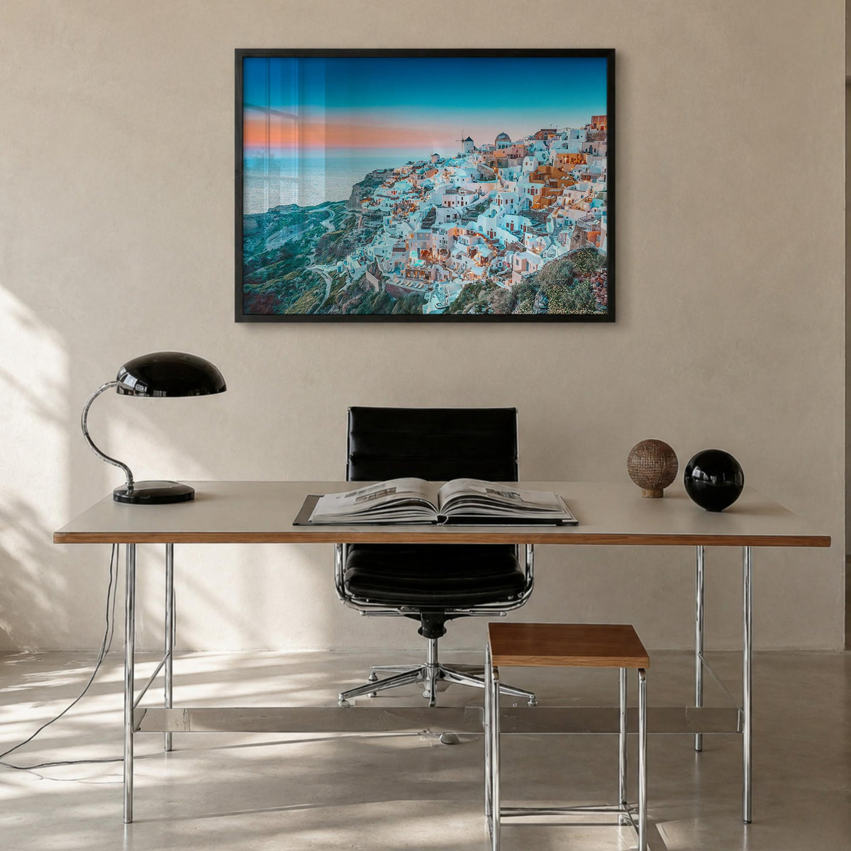 Greece colorful photo poster of Europe – horizontal wall art in black wood frame, hanging on wall