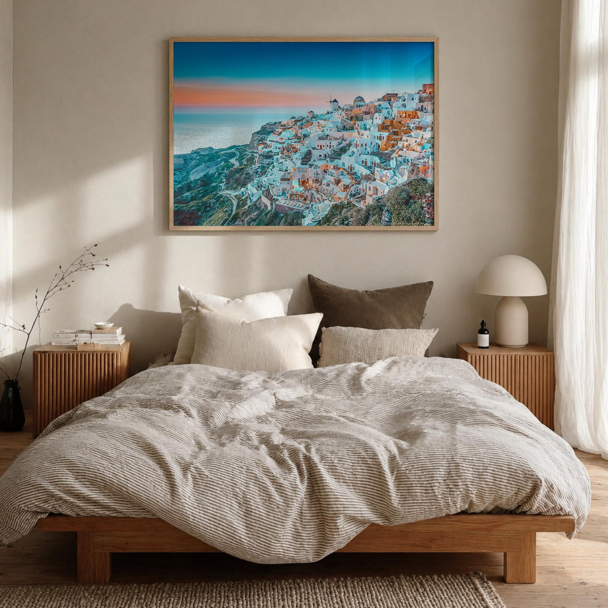 Greece colorful photo poster of Europe – horizontal wall art in natural wood frame, hanging on wall