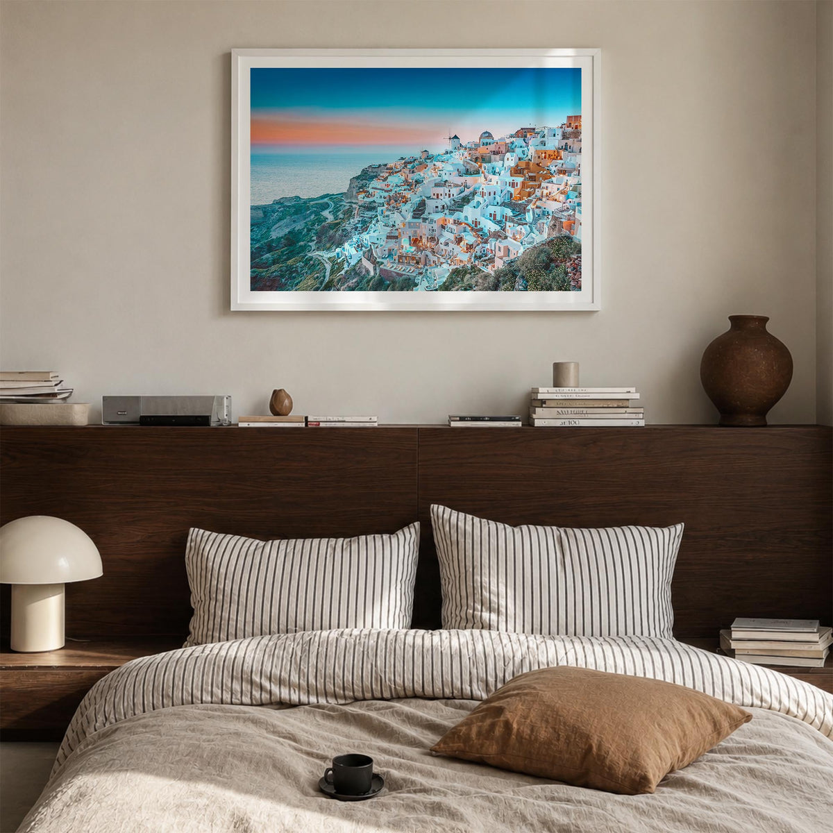 Greece colorful photo poster of Europe – horizontal wall art in white wood frame with white border, hanging on wall