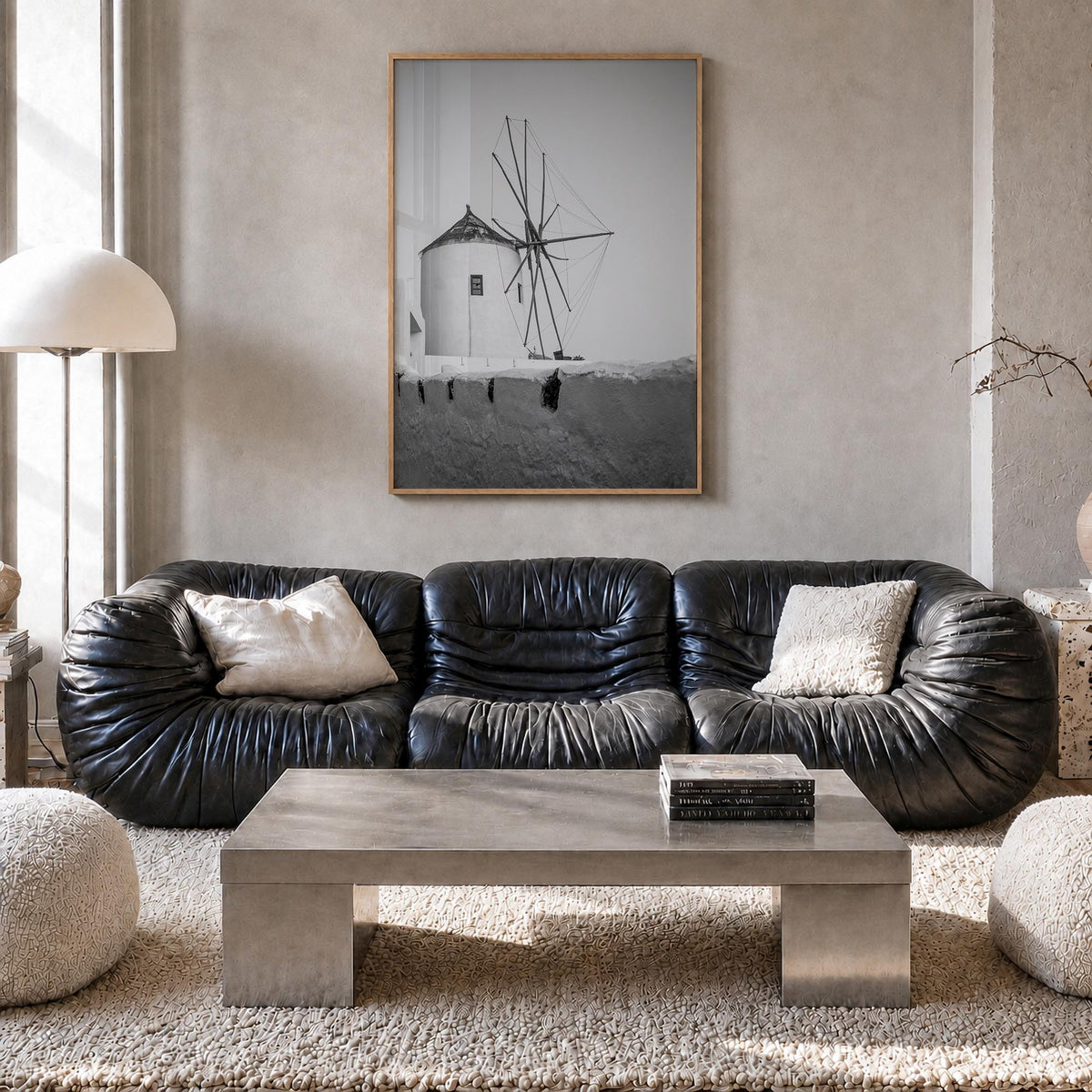 Greece no. 1 black & white photo poster of Europe – vertical wall art in natural wood frame, hanging on wall