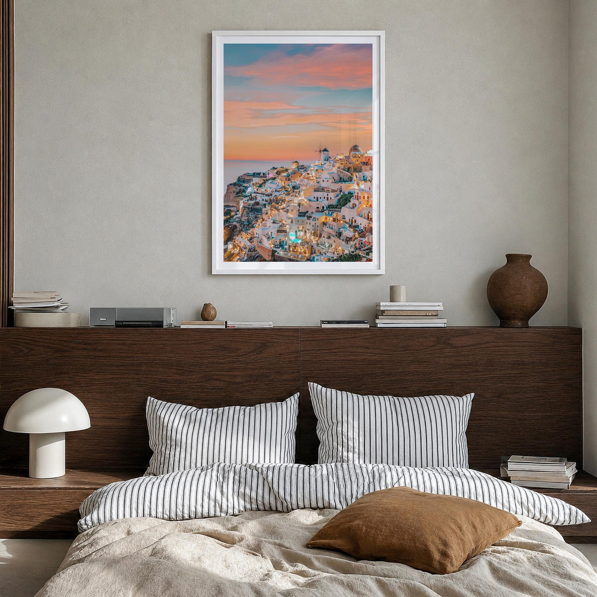 Greece no. 1 colorful photo poster of Europe – vertical wall art in white wood frame with white border, hanging on wall