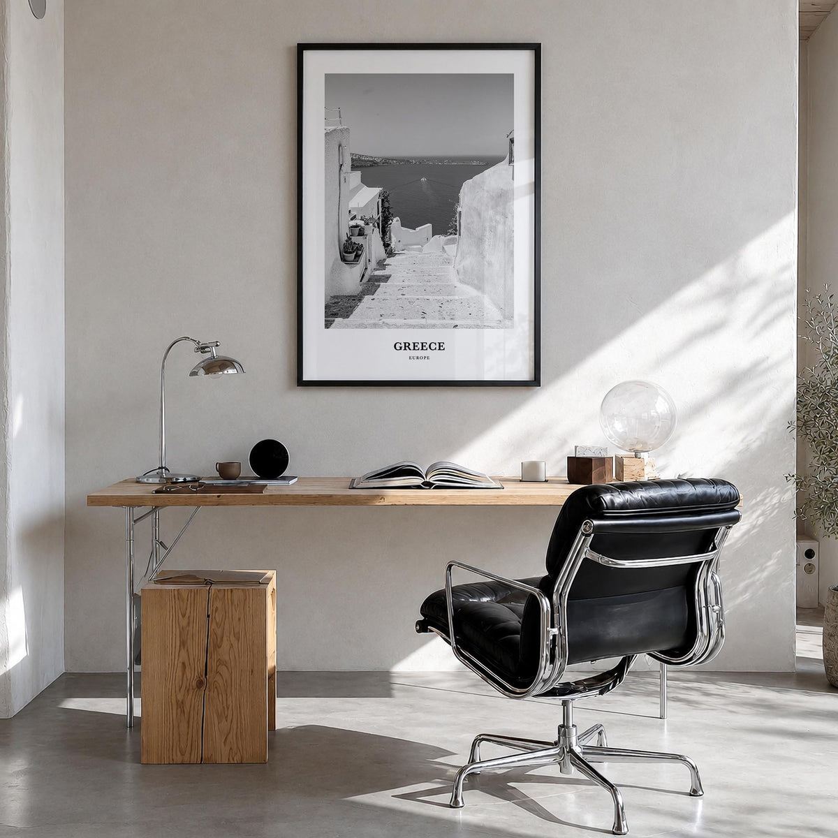 Greece no. 2 black & white classic poster of Europe – vertical wall art in black wood frame, hanging on wall