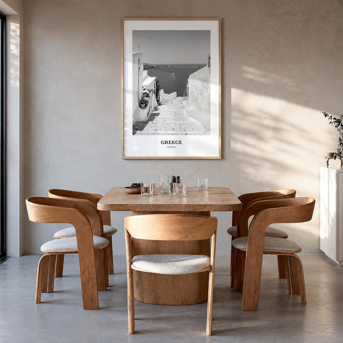 Greece no. 2 black & white classic poster of Europe – vertical wall art in natural wood frame, hanging on wall