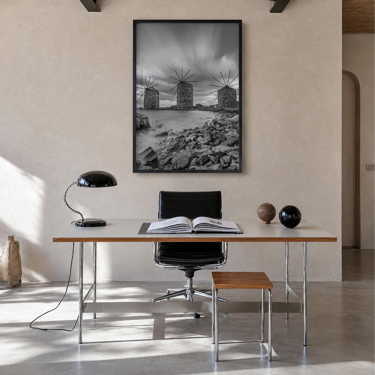 Greece no. 2 black & white photo poster of Europe – vertical wall art in black wood frame, hanging on wall