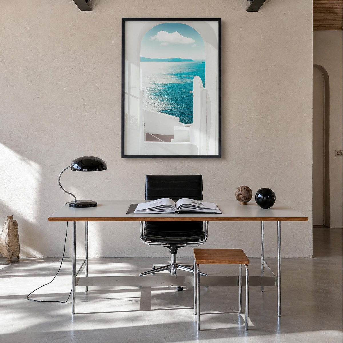 Greece no. 2 colorful photo poster of Europe – vertical wall art in black wood frame, hanging on wall