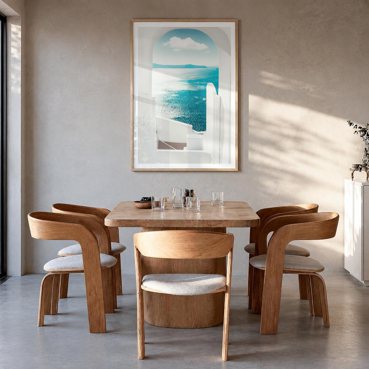 Greece no. 2 colorful photo poster of Europe – vertical wall art in natural wood frame with white border, hanging on wall