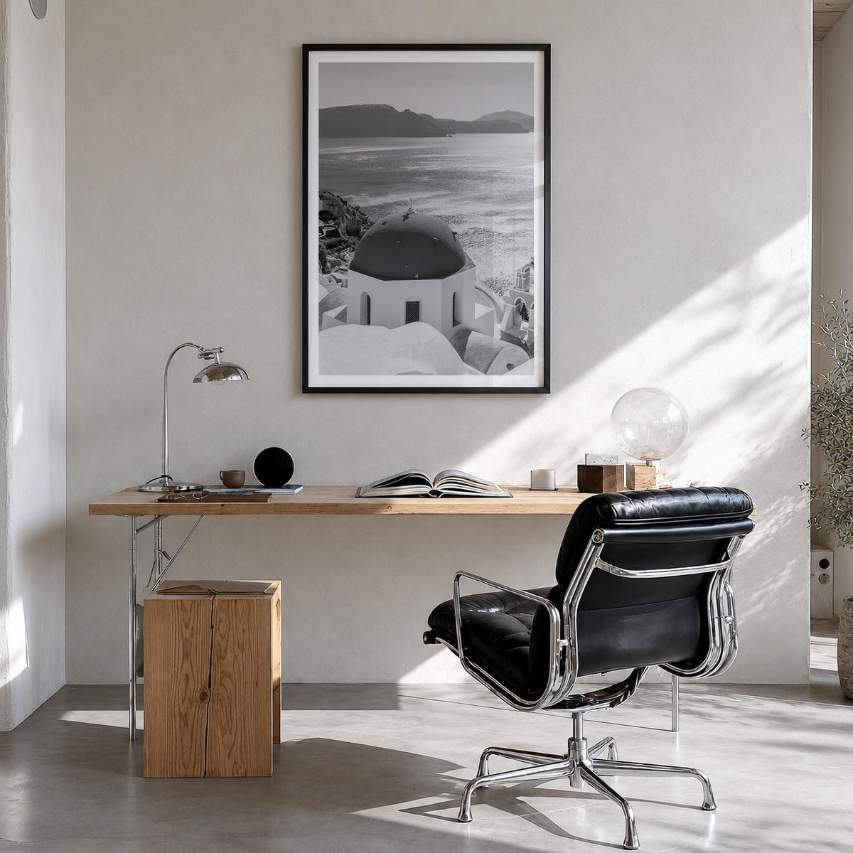 Greece no. 3 black & white photo poster of Europe – vertical wall art in black wood frame with white border, hanging on wall