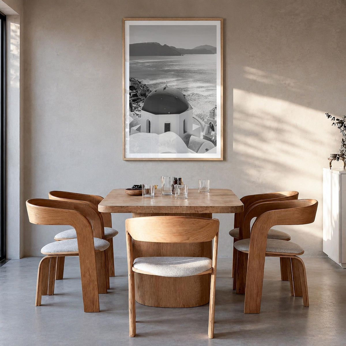 Greece no. 3 black & white photo poster of Europe – vertical wall art in natural wood frame with white border, hanging on wal