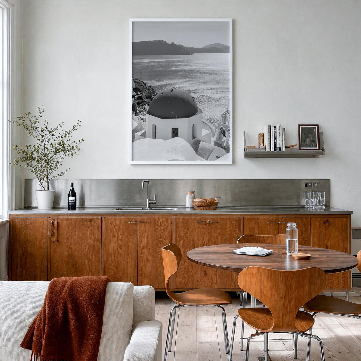 Greece no. 3 black & white photo poster of Europe – vertical wall art in white wood frame, hanging on wall