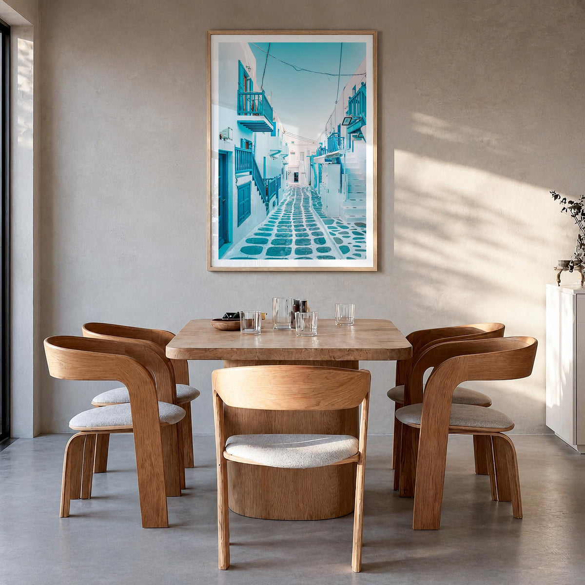 Greece no. 3 colorful photo poster of Europe – vertical wall art in natural wood frame with white border, hanging on wall