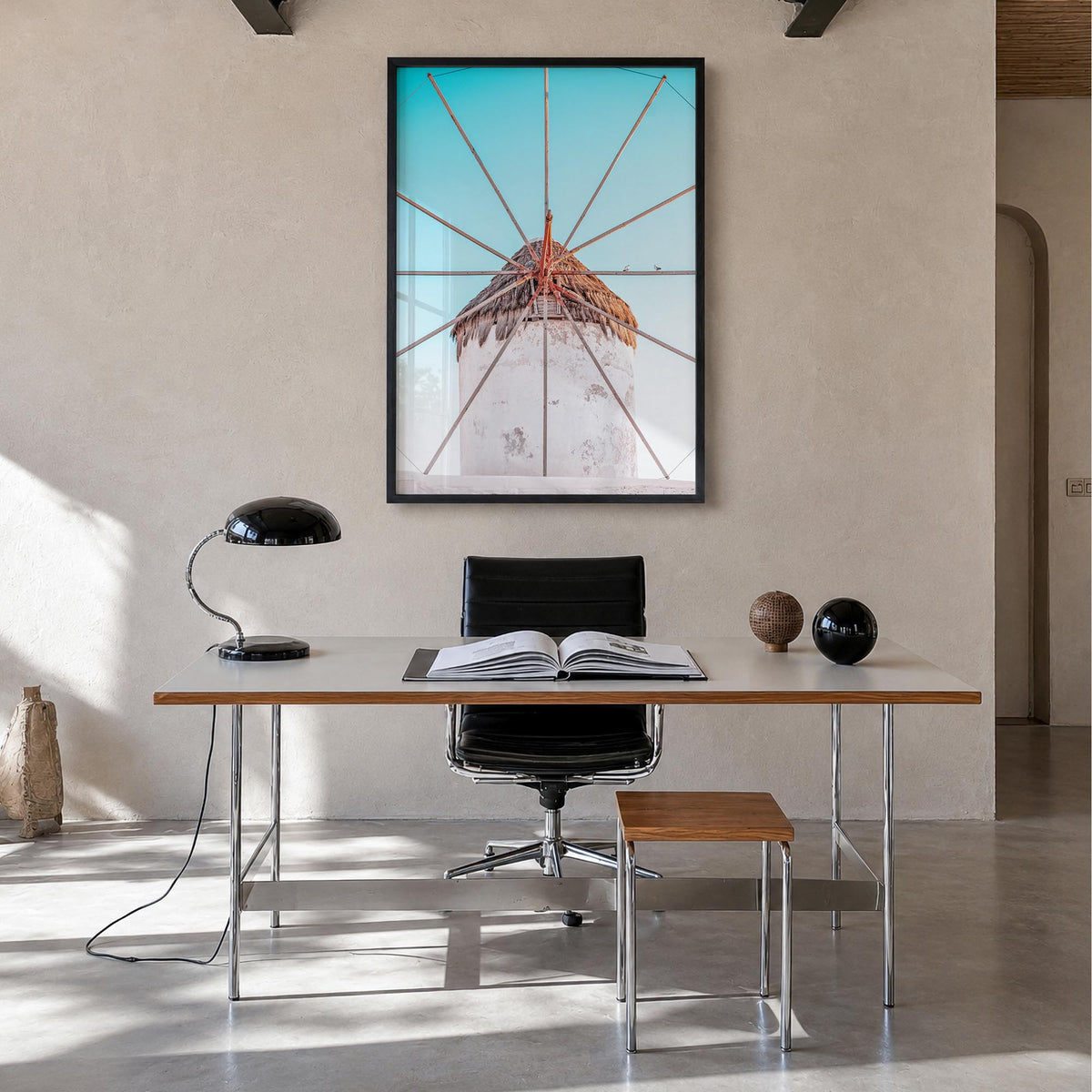 Greece no. 4 colorful photo poster of Europe – vertical wall art in black wood frame, hanging on wall