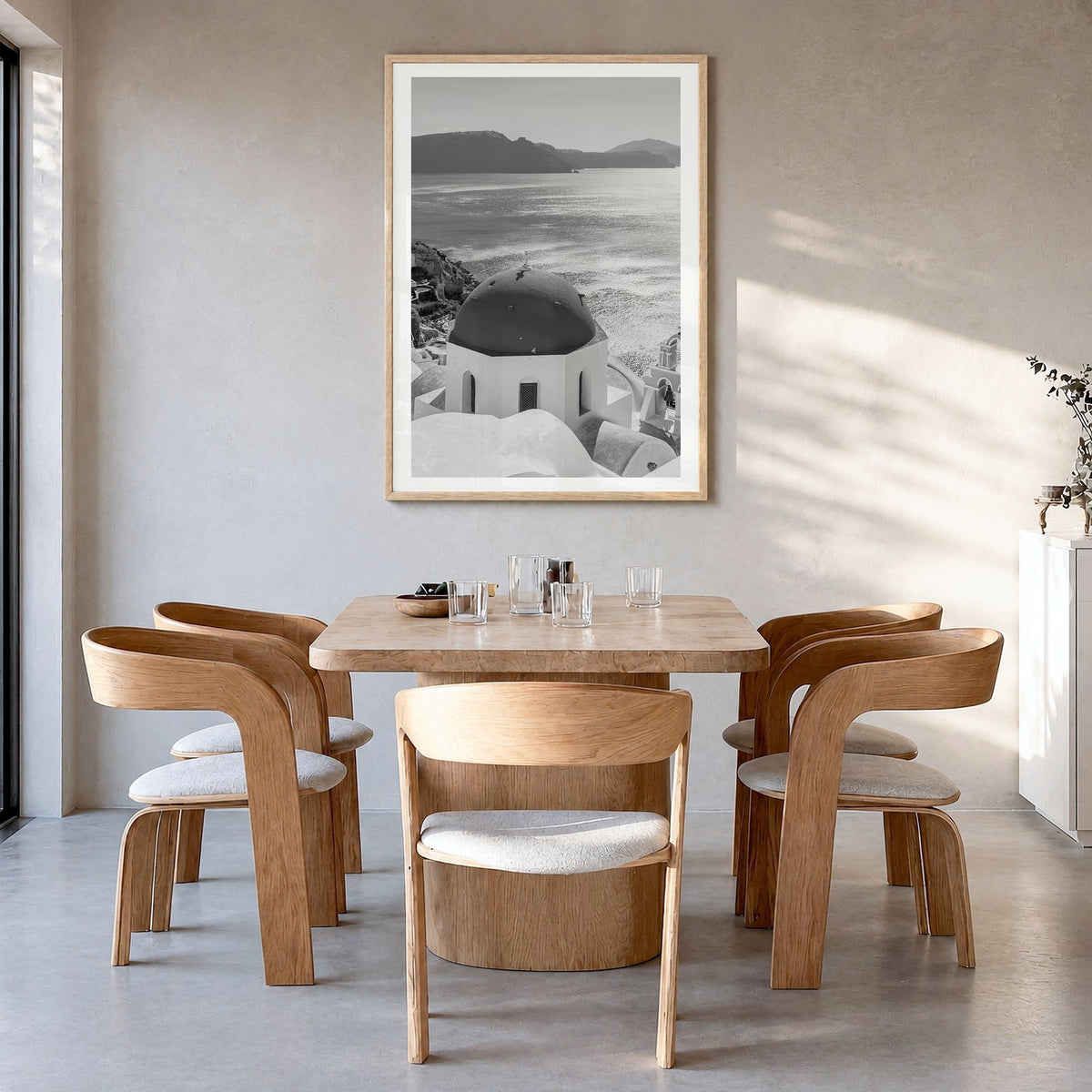 Greece Photo No 3 Poster in a natural wood frame, hanging in a dining room, white border