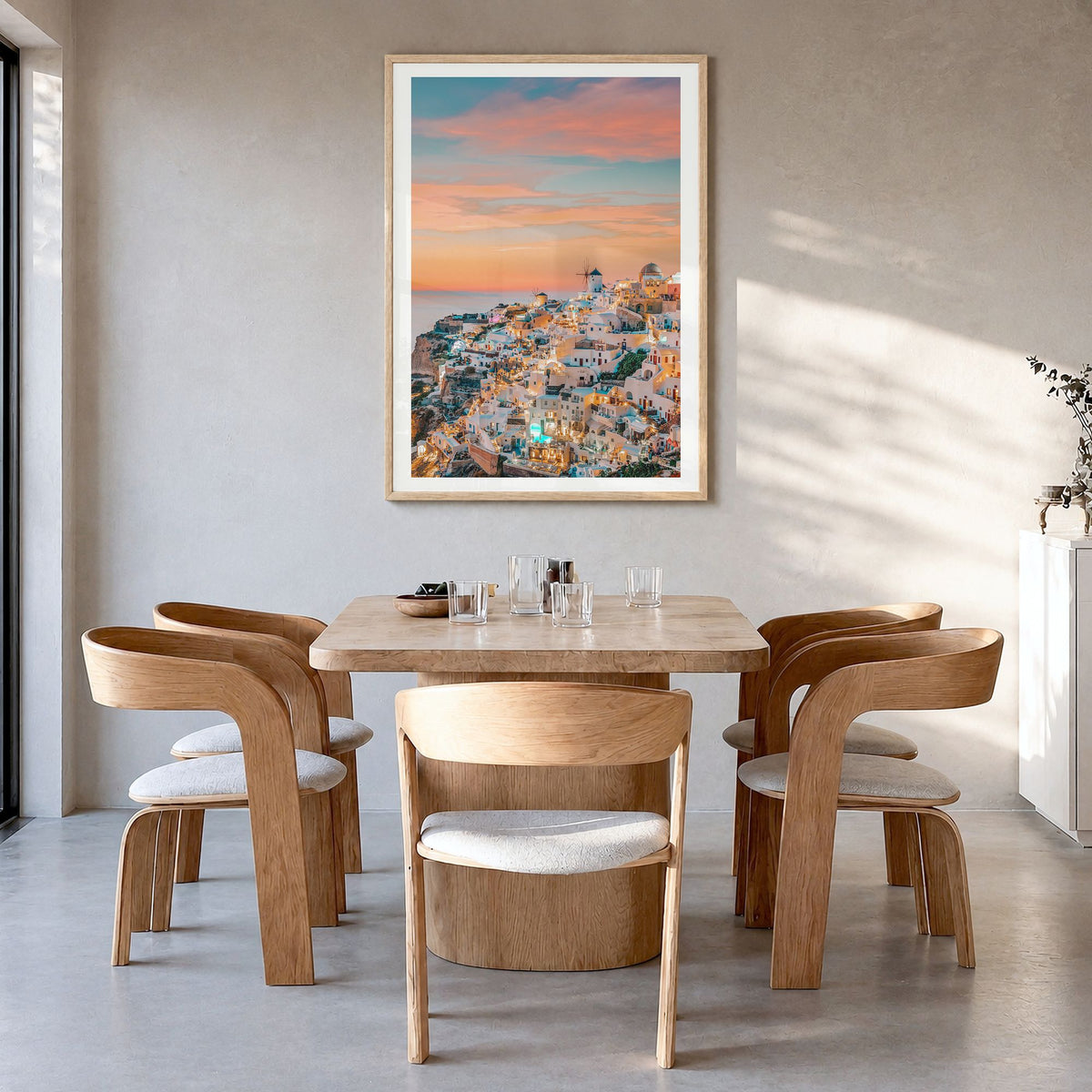 Greece Photo No 1 Poster in a natural wood frame, hanging in a dining room, white border