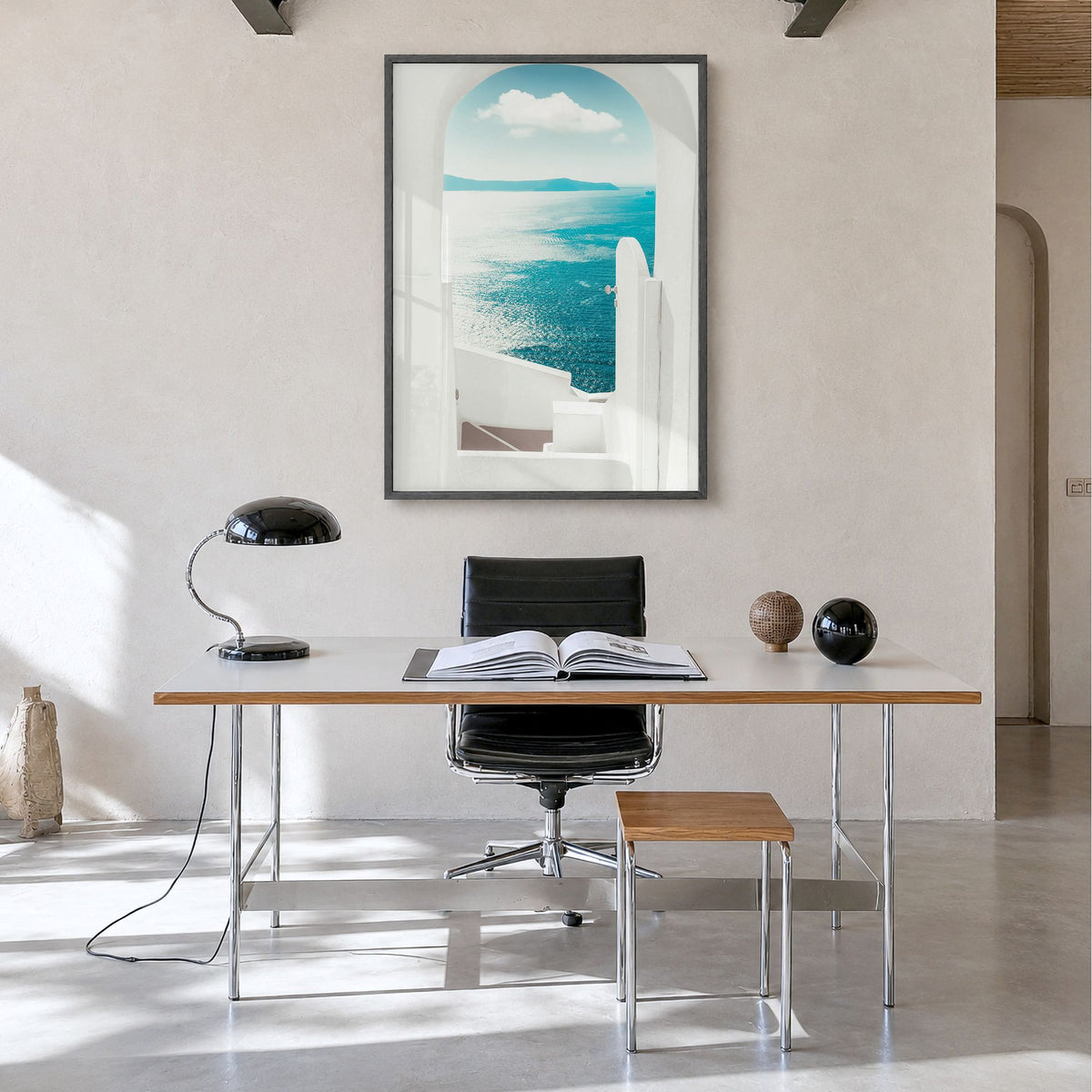 Greece Photo No 2 Poster in a black wood frame, hanging in a minimalist home office, full image (no border)