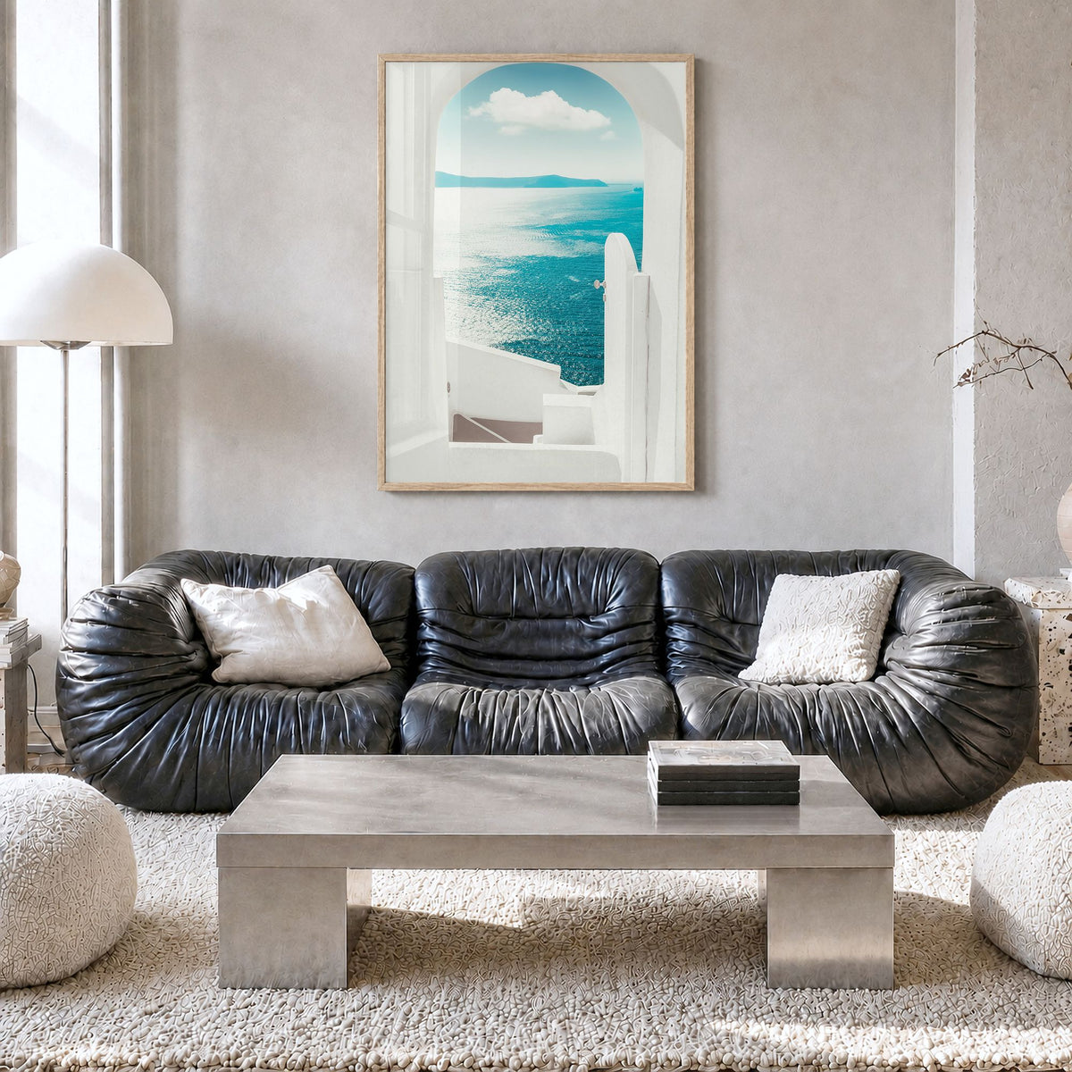 Greece Photo No 2 Poster in a natural wood frame, hanging in a living room, full image (no border)