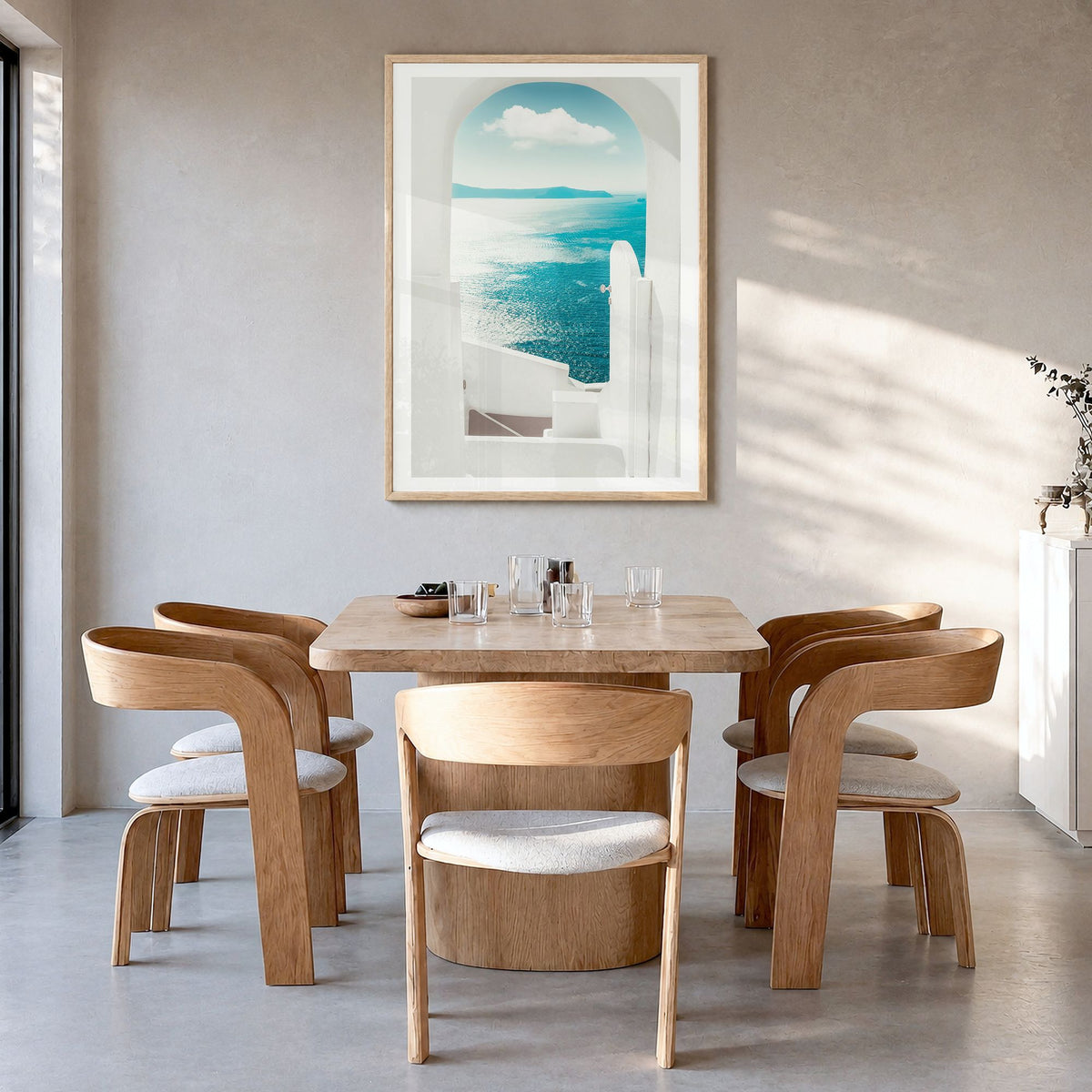 Greece Photo No 2 Poster in a natural wood frame, hanging in a dining room, white border
