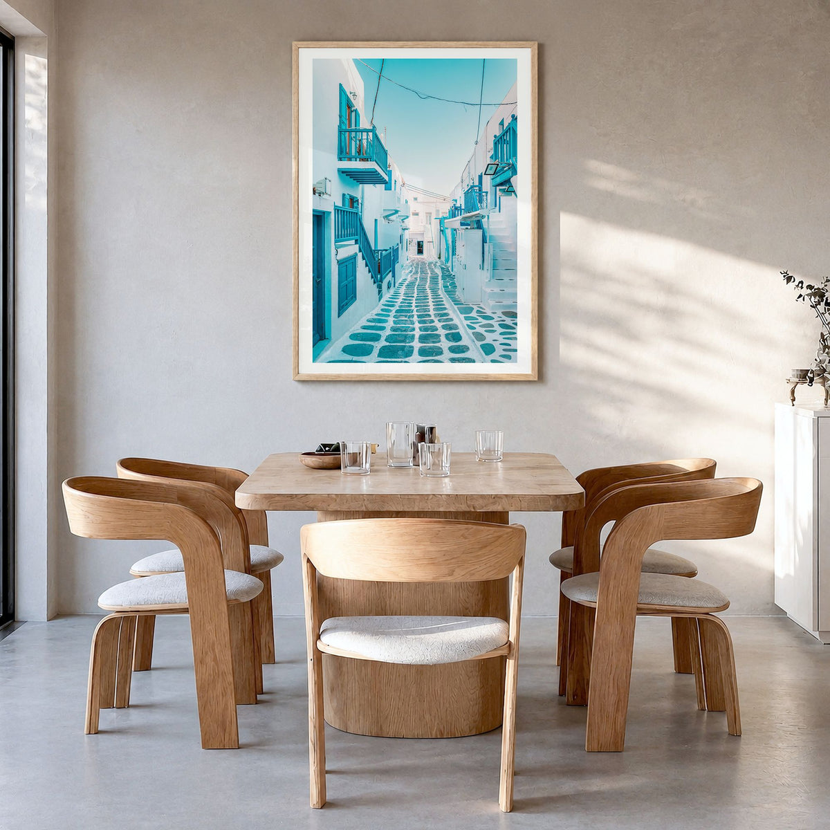 Greece Photo No 3 Poster in a natural wood frame, hanging in a dining room, white border