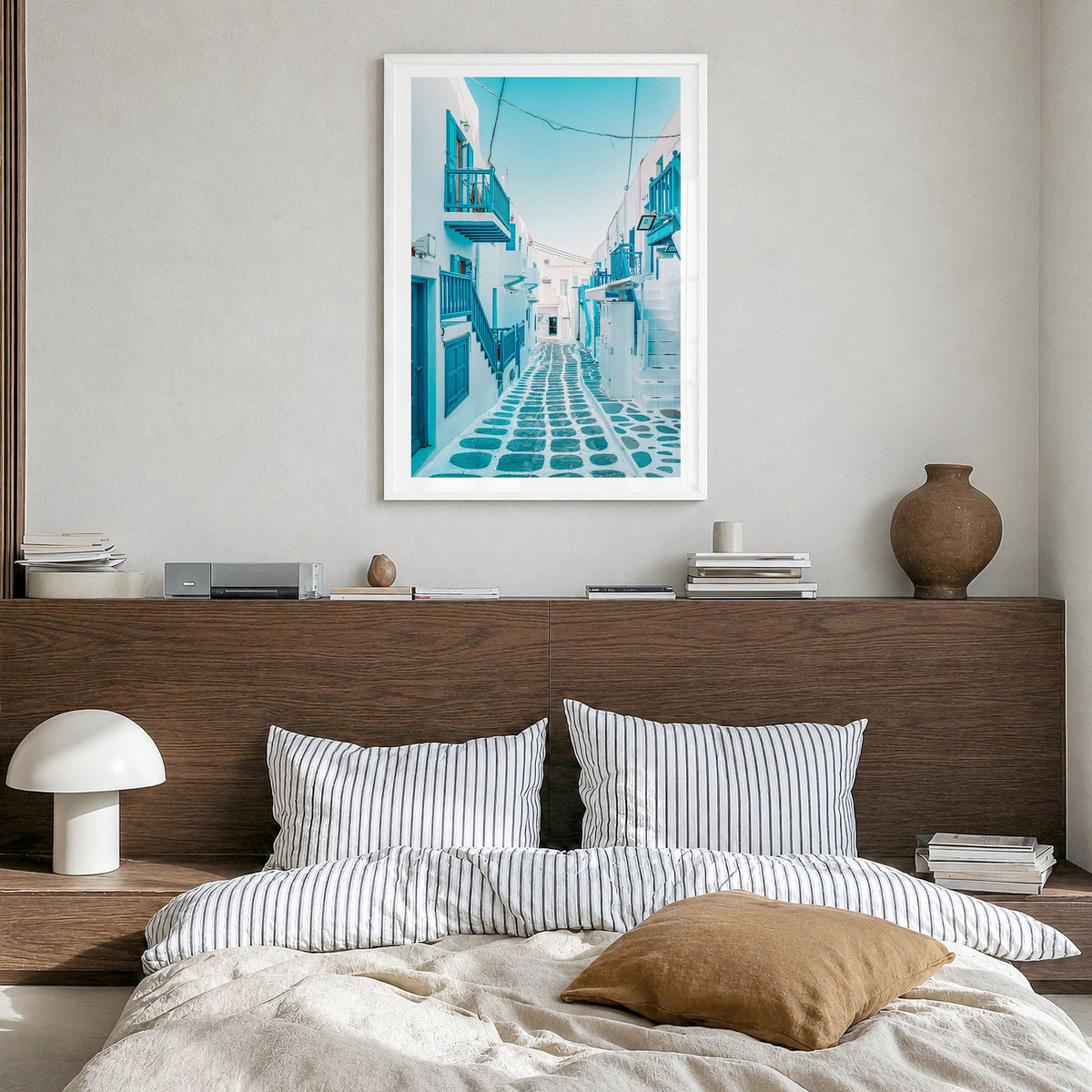 Greece Photo No 3 Poster in a white wood frame, hanging in a bedroom, white border