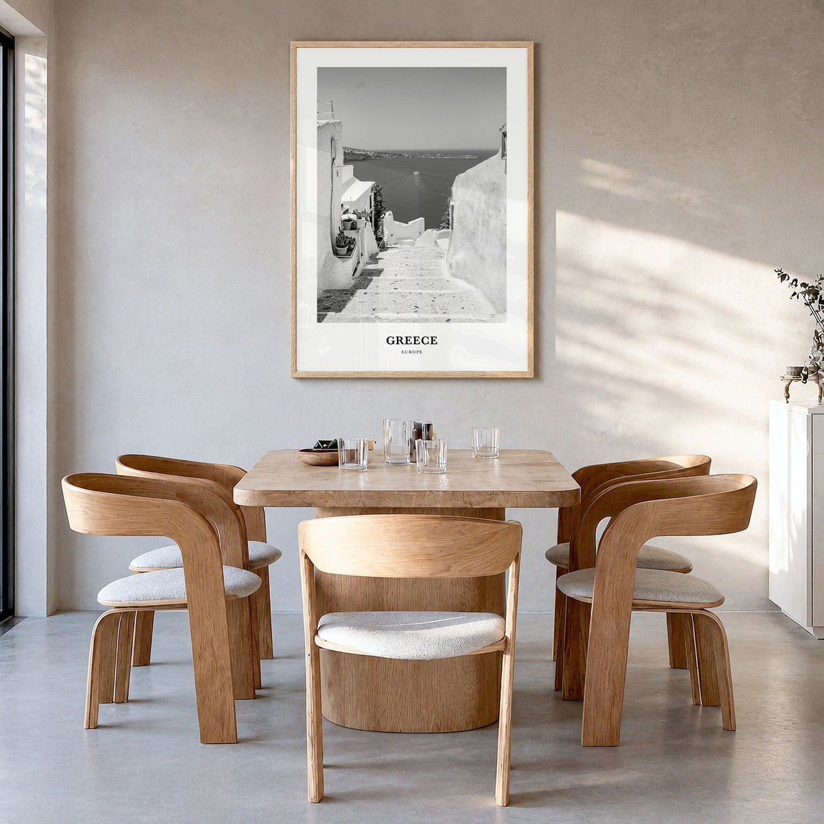 Greece Classic No 2 Poster in a natural wood frame, hanging in a dining room