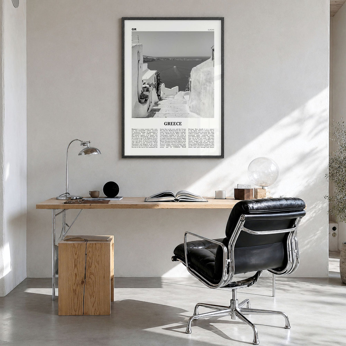 Greece Newspaper No 2 Poster in a black wood frame, hanging in a bright home office
