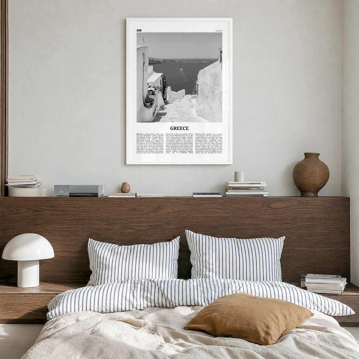 Greece Newspaper No 2 Poster in a white wood frame, hanging in a bedroom