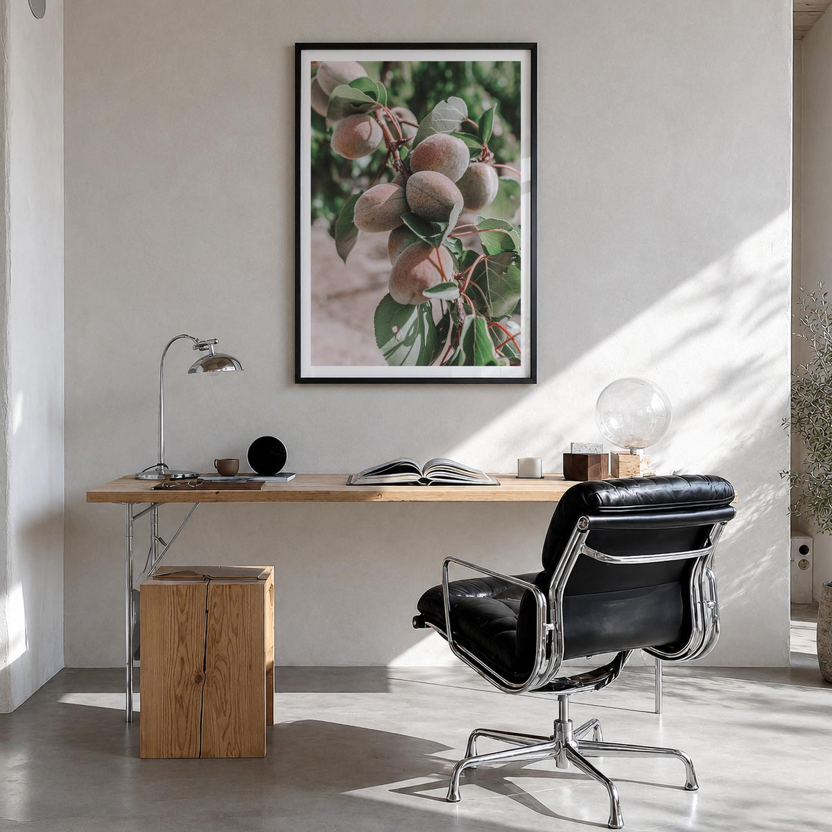 Green Apricots Tree colorful photo poster – vertical wall art in black wood frame with white border, hanging on wall