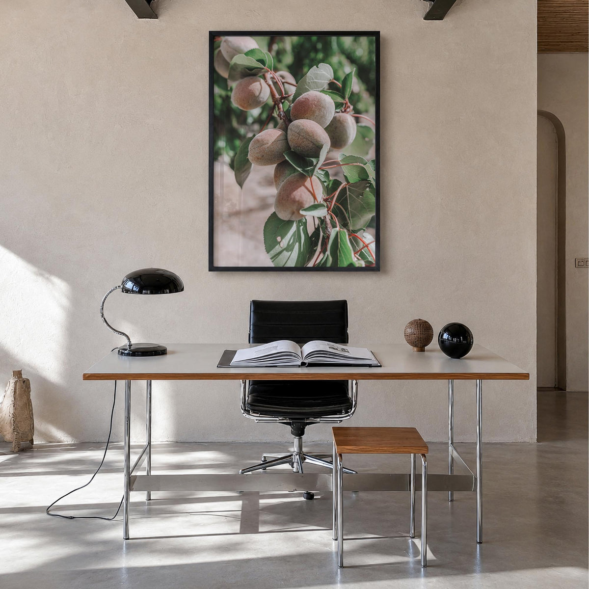 Green Apricots Tree colorful photo poster – vertical wall art in black wood frame, hanging on wall