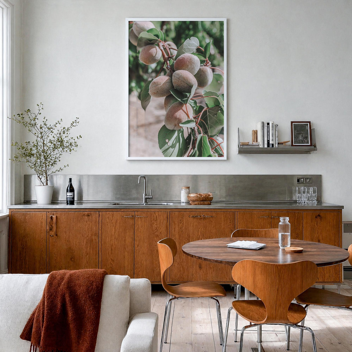 Green Apricots Tree colorful photo poster – vertical wall art in white wood frame, hanging on wall