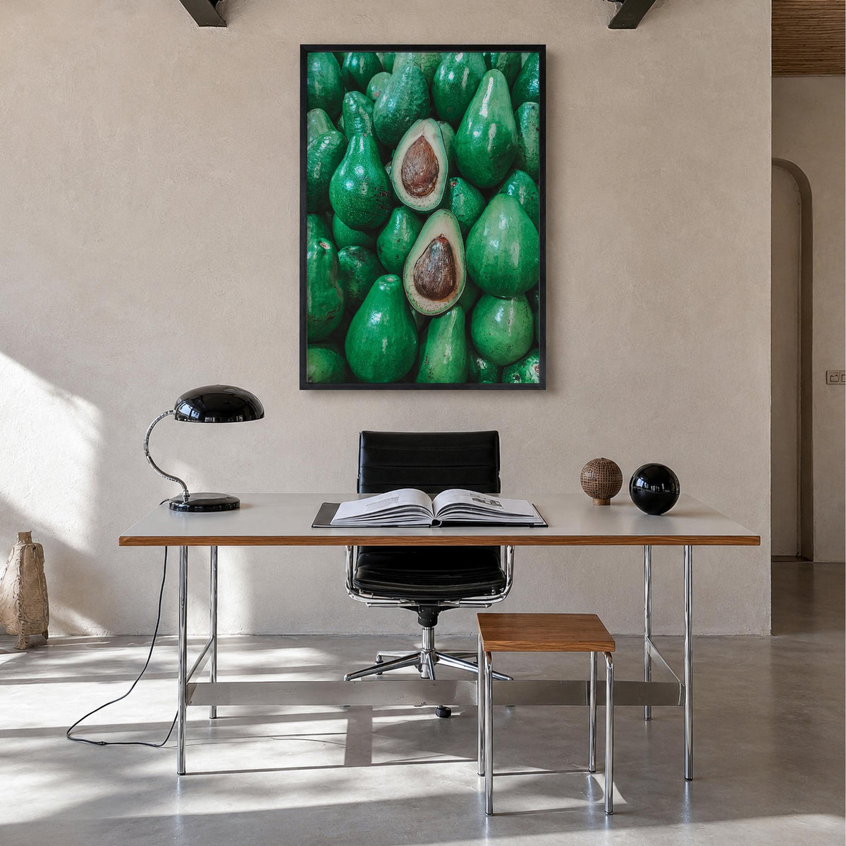 Green Avocados colorful photo poster – vertical wall art in black wood frame, hanging on wall