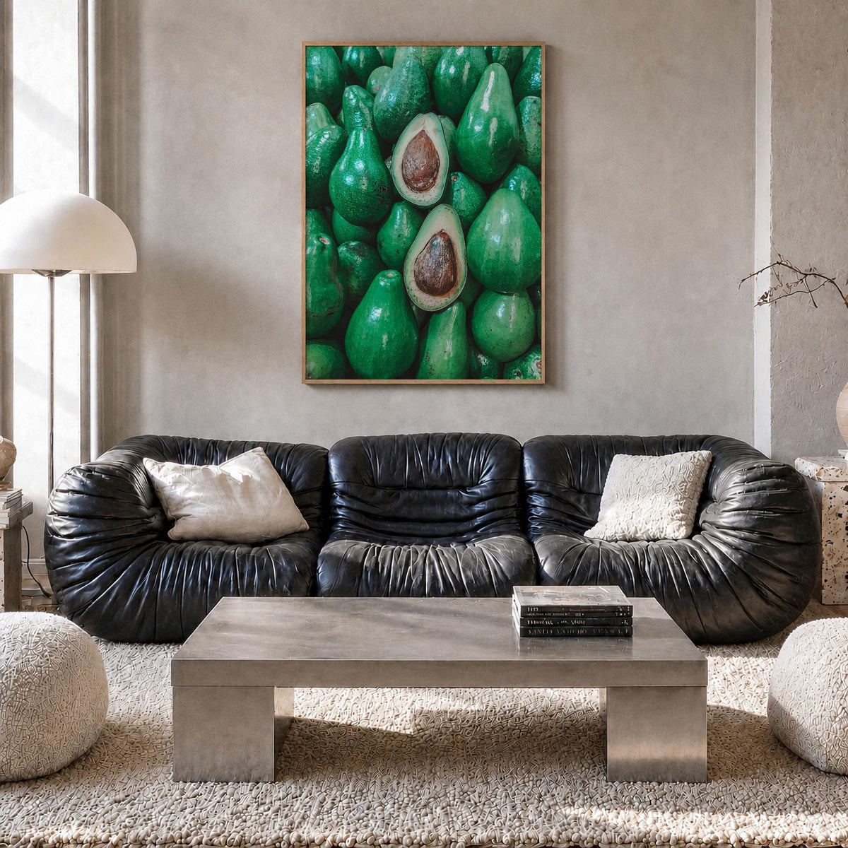 Green Avocados colorful photo poster – vertical wall art in natural wood frame, hanging on wall
