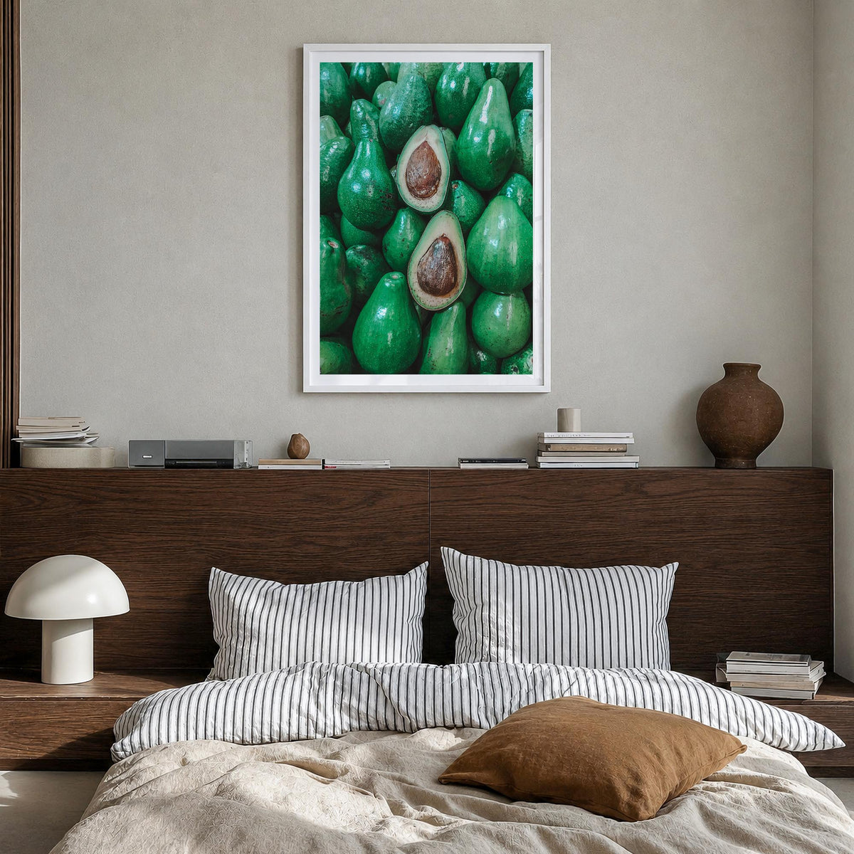 Green Avocados colorful photo poster – vertical wall art in white wood frame with white border, hanging on wall
