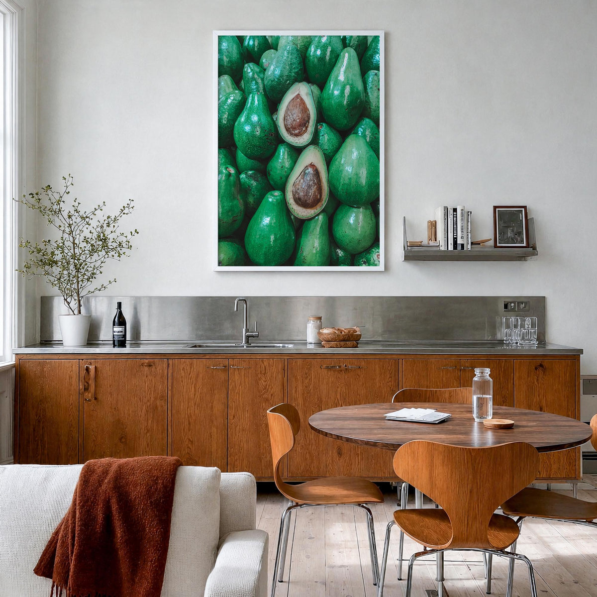 Green Avocados colorful photo poster – vertical wall art in white wood frame, hanging on wall