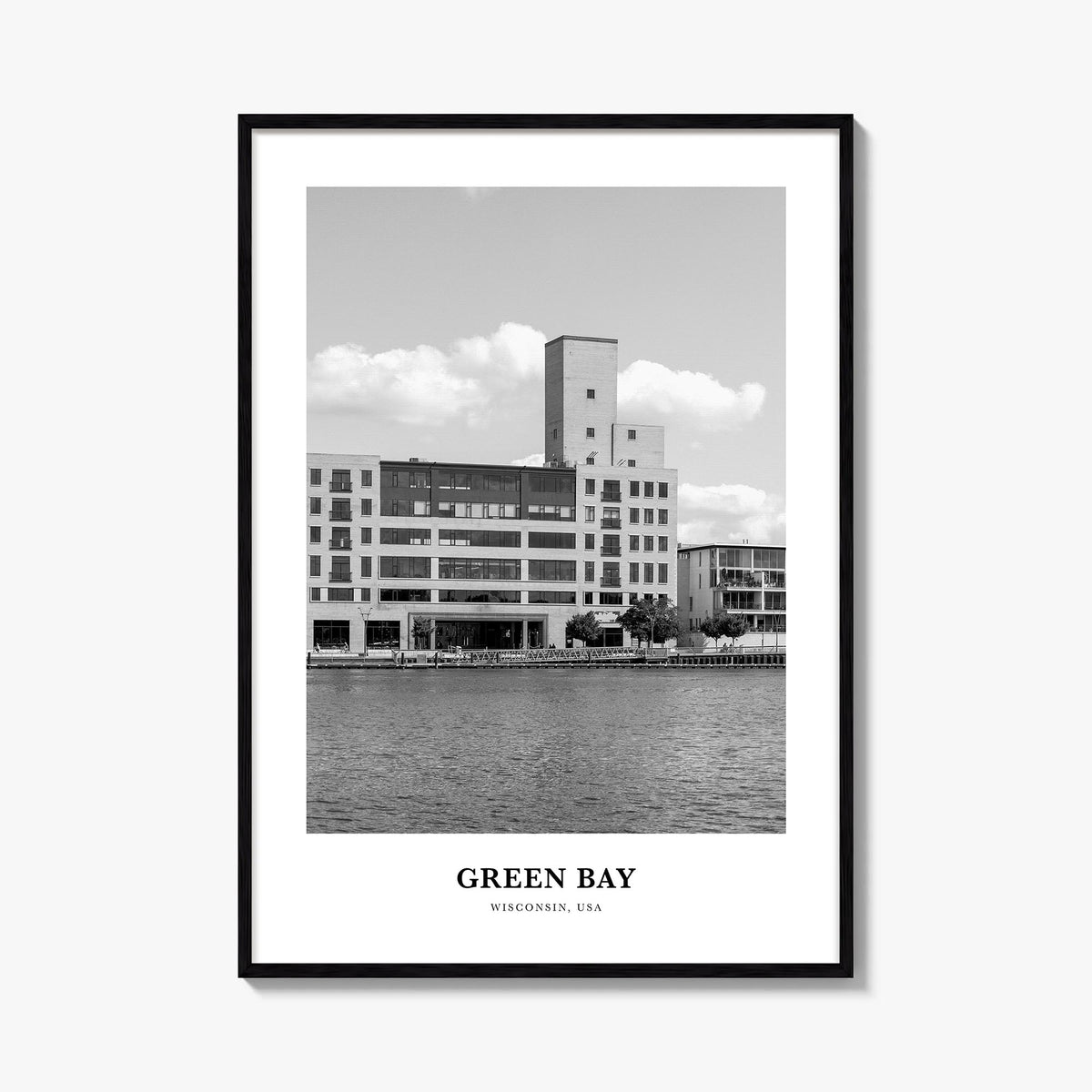 Green Bay black & white classic poster of Wisconsin, USA – vertical wall art, unframed print shown in interior mockup