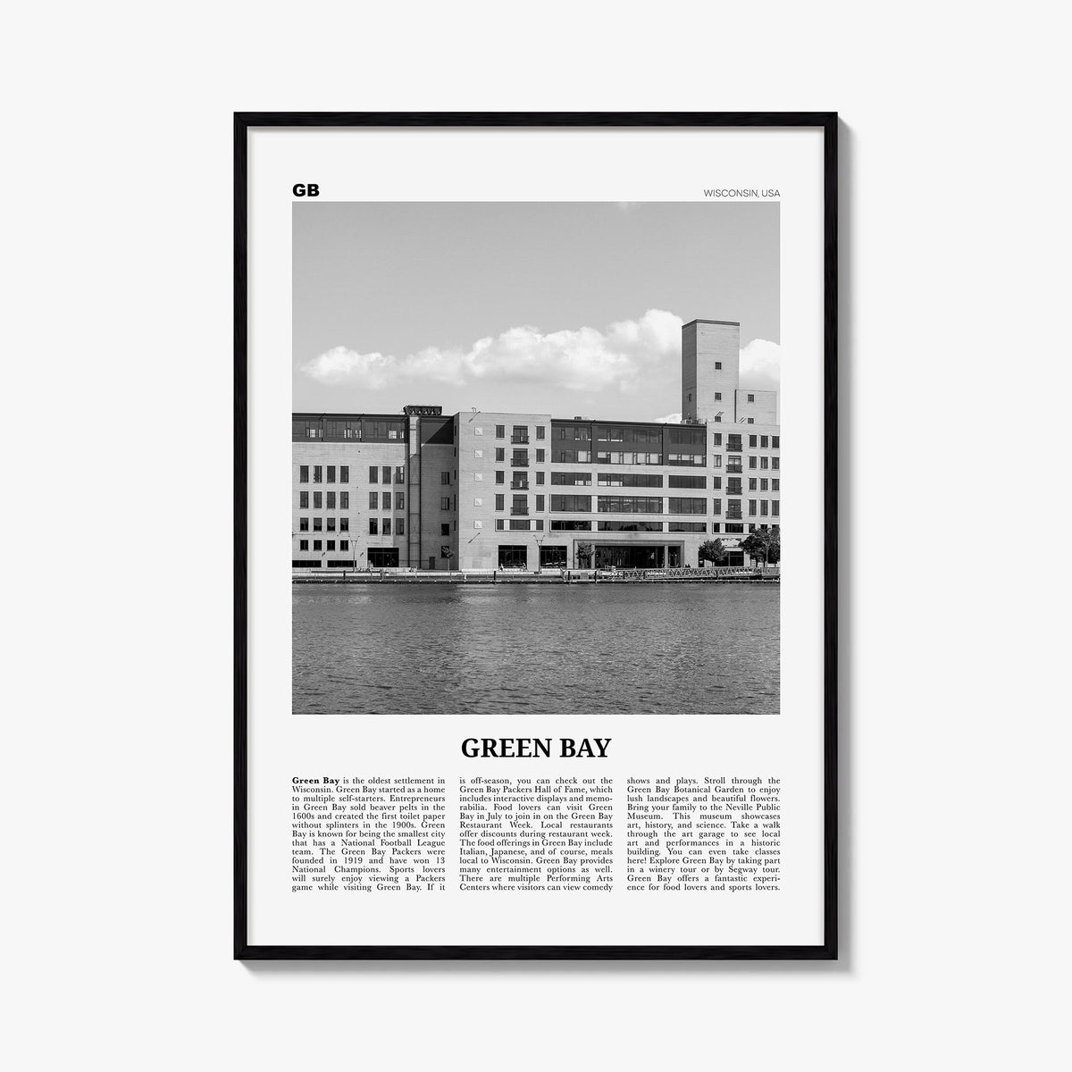 Green Bay black & white newspaper poster of Wisconsin, USA – vertical wall art, unframed print shown in interior mockup