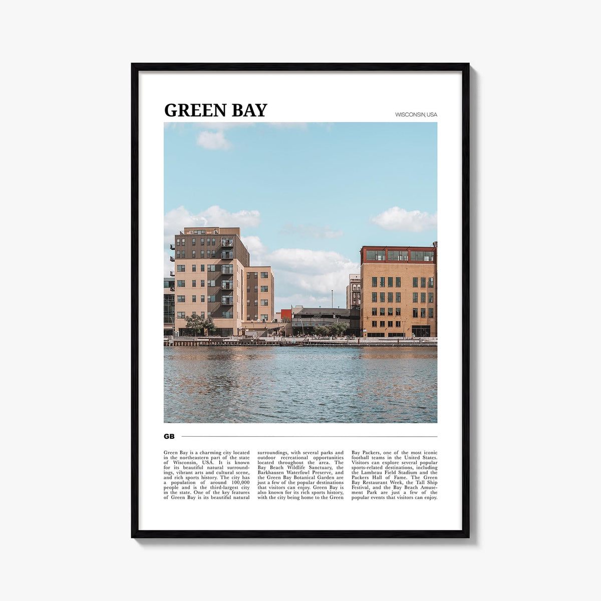 Green Bay colorful travel poster of Wisconsin, USA – vertical wall art, unframed print shown in interior mockup