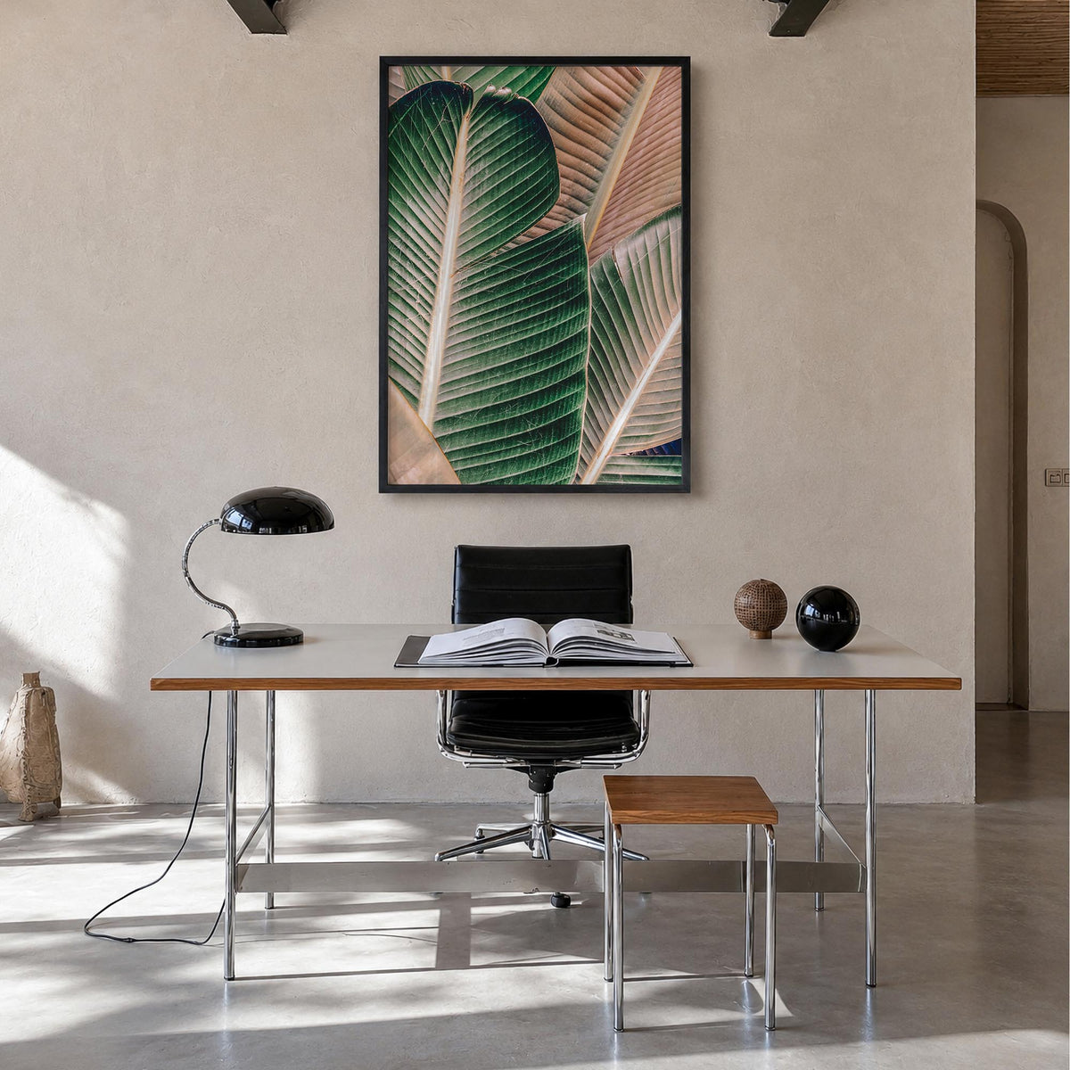 Green Palm Leaf colorful photo poster – vertical wall art in black wood frame, hanging on wall