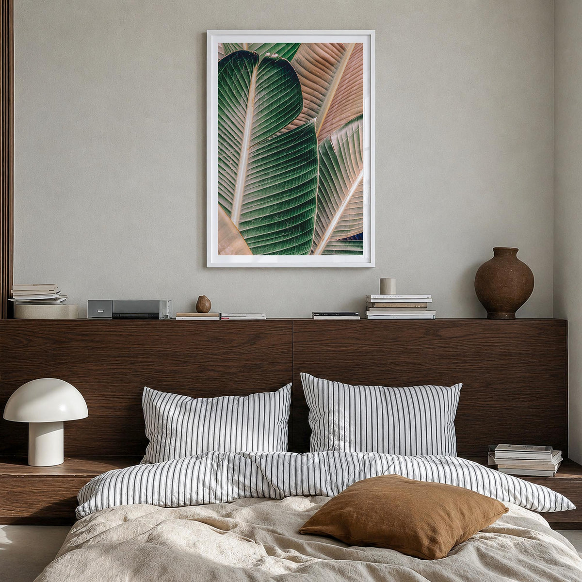 Green Palm Leaf colorful photo poster – vertical wall art in white wood frame with white border, hanging on wall