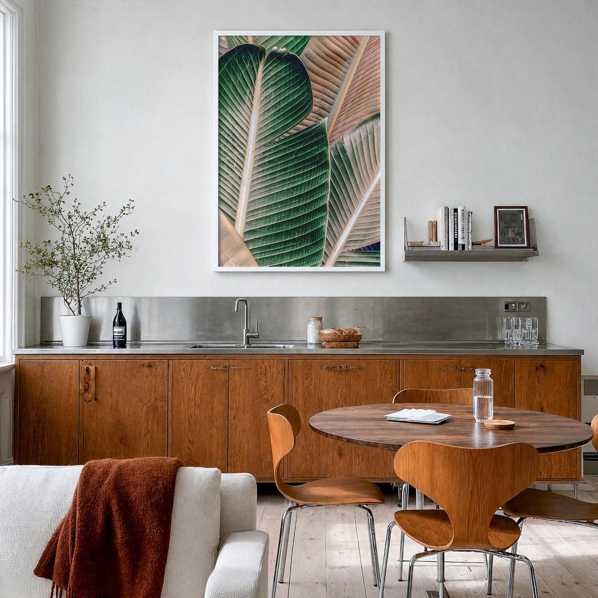 Green Palm Leaf colorful photo poster – vertical wall art in white wood frame, hanging on wall