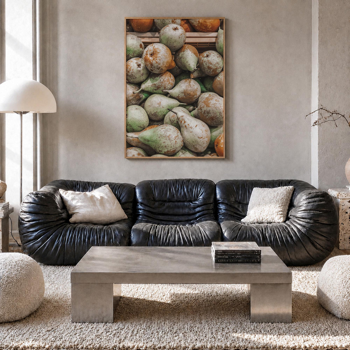 Green Pears colorful photo poster – vertical wall art in natural wood frame, hanging on wall
