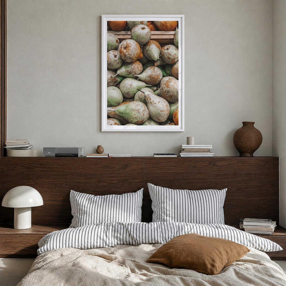 Green Pears colorful photo poster – vertical wall art in white wood frame with white border, hanging on wall