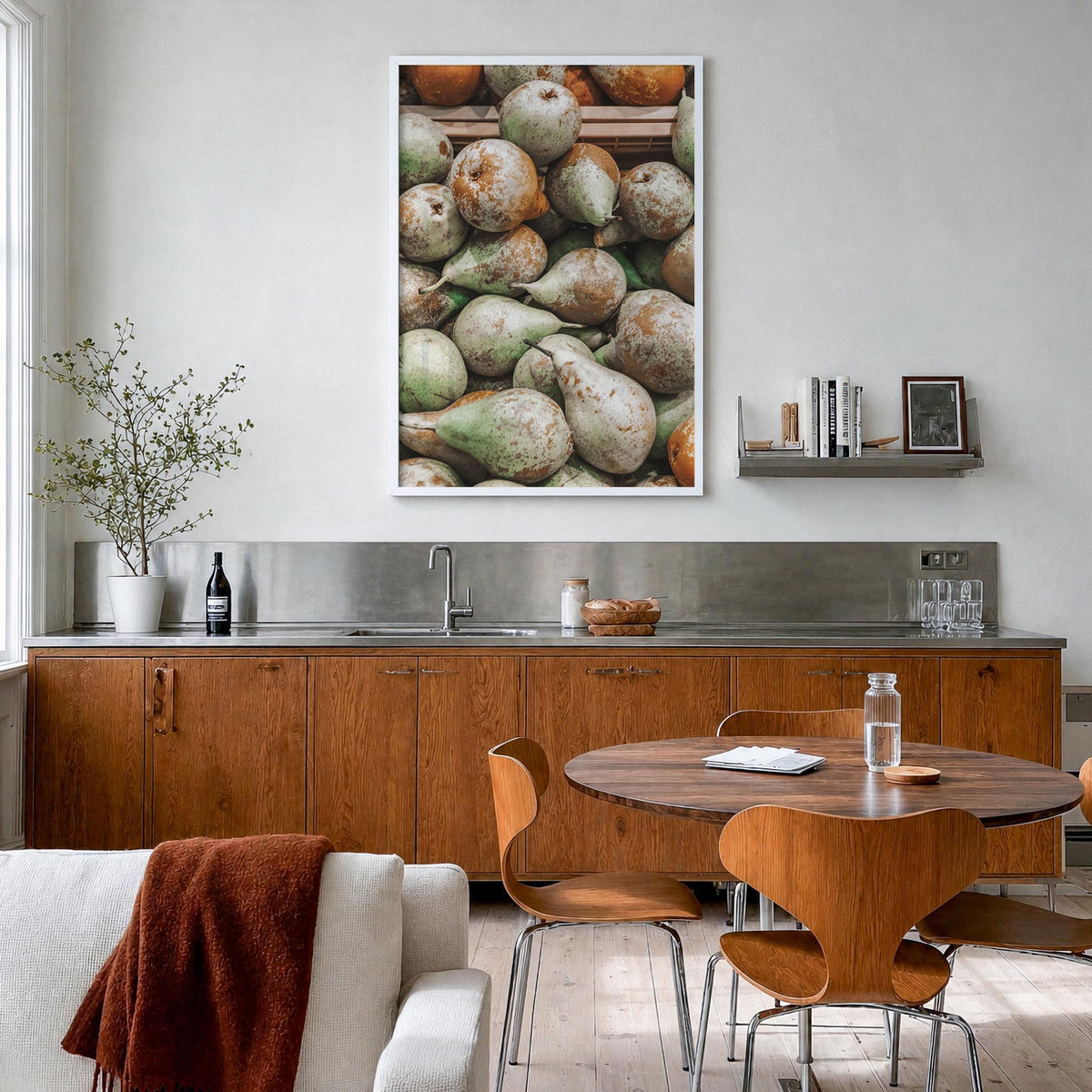 Green Pears colorful photo poster – vertical wall art in white wood frame, hanging on wall